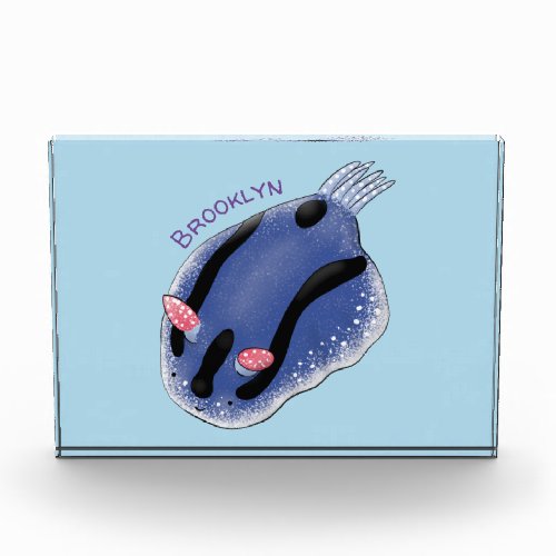 Cute happy blue nudibranch cartoon illustration photo block