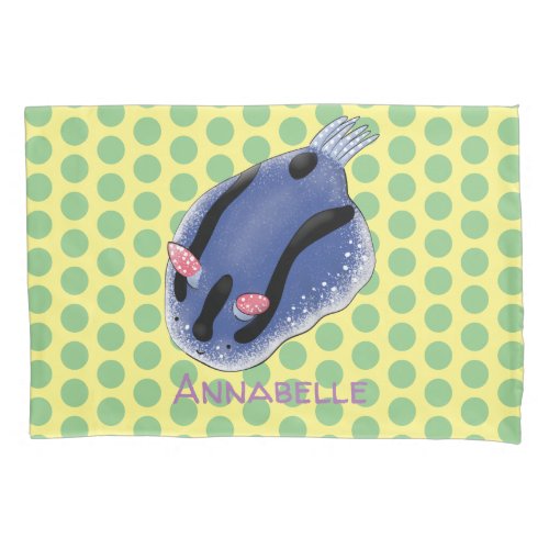 Cute happy blue nudibranch cartoon illustration pillow case