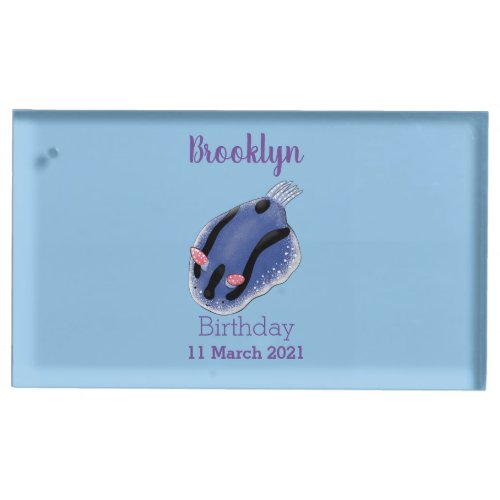 Cute happy blue nudibranch cartoon illustration place card holder