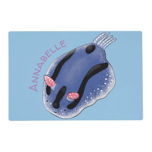 Cute happy blue nudibranch cartoon illustration placemat