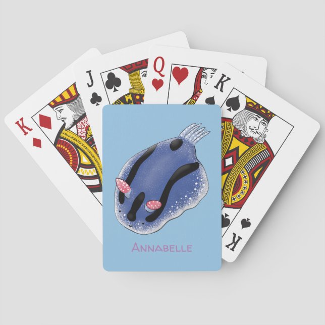 Cute happy blue nudibranch cartoon illustration poker cards (Back)