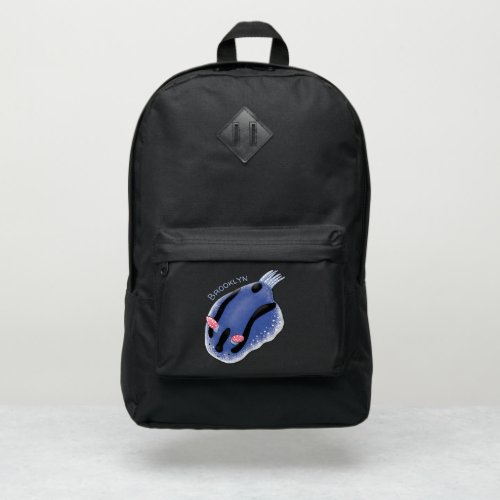 Cute happy blue nudibranch cartoon illustration port authority backpack