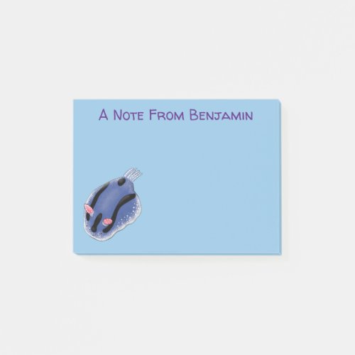 Cute happy blue nudibranch cartoon illustration post_it notes