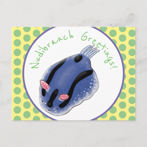 Cute happy blue nudibranch cartoon illustration postcard