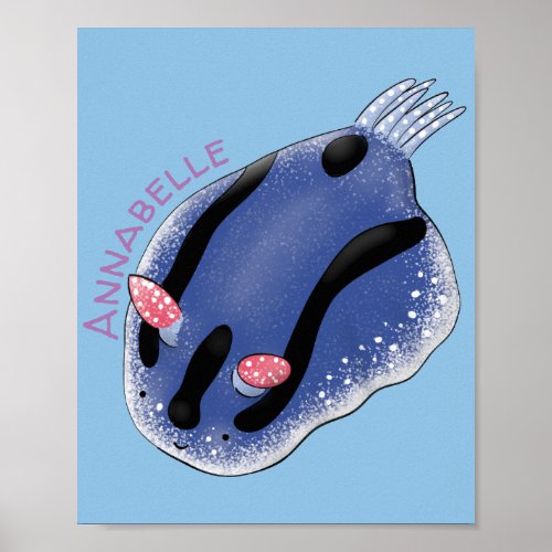 Cute happy blue nudibranch cartoon illustration poster