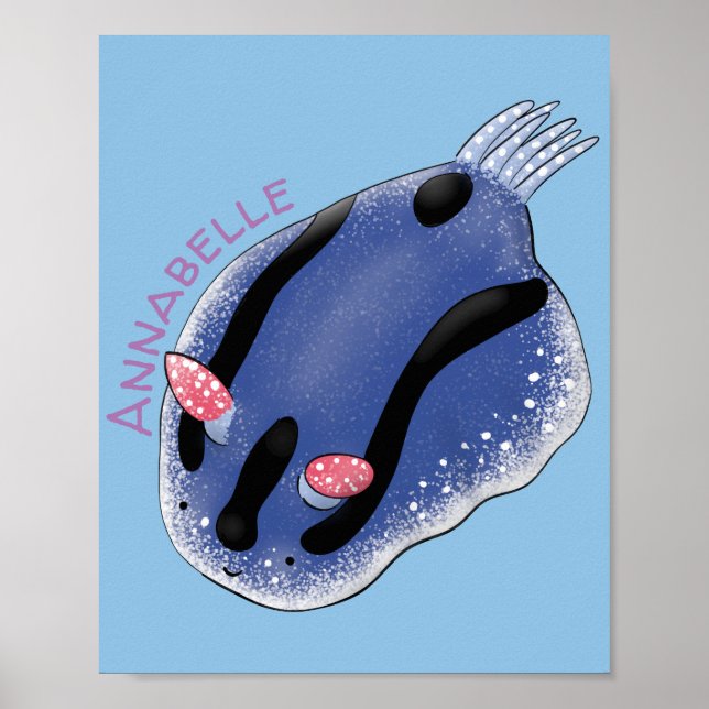 Cute happy blue nudibranch cartoon illustration poster (Front)