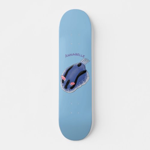 Cute happy blue nudibranch cartoon illustration skateboard