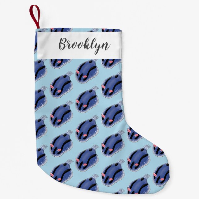 Cute happy blue nudibranch cartoon illustration small christmas stocking (Front)