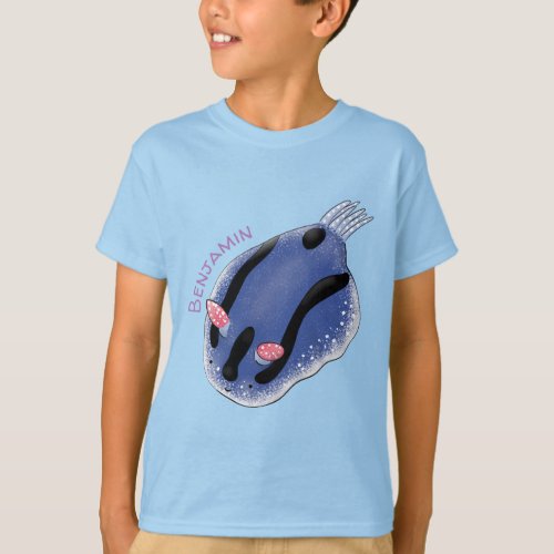 Cute happy blue nudibranch cartoon illustration T_Shirt