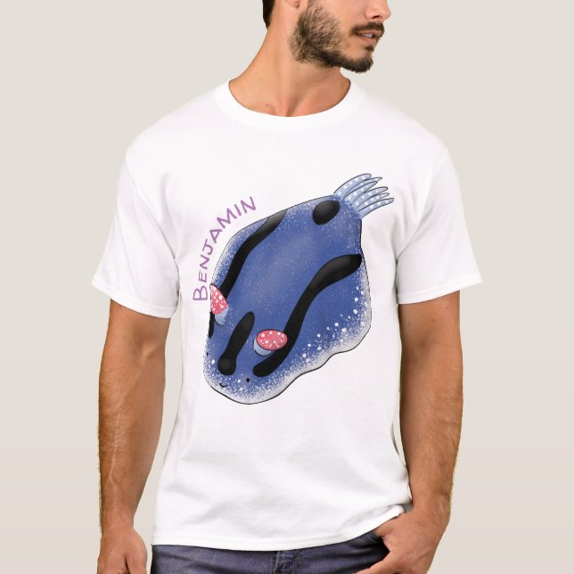 Cute happy blue nudibranch cartoon illustration T-Shirt (Front)