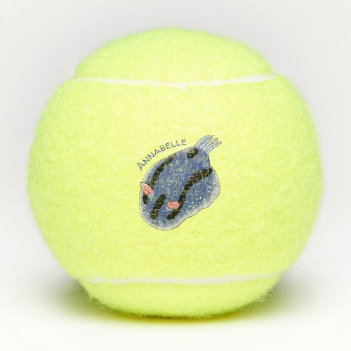 Cute happy blue nudibranch cartoon illustration tennis balls