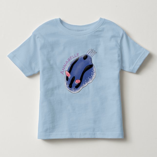 Cute happy blue nudibranch cartoon illustration toddler t-shirt (Front)