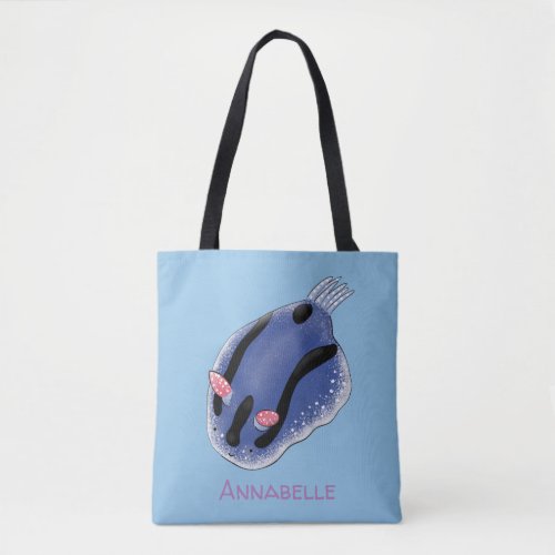 Cute happy blue nudibranch cartoon illustration tote bag