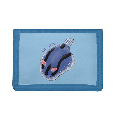 Cute happy blue nudibranch cartoon illustration trifold wallet