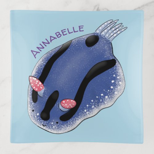 Cute happy blue nudibranch cartoon illustration trinket tray