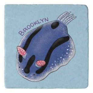 Cute happy blue nudibranch cartoon illustration trivet