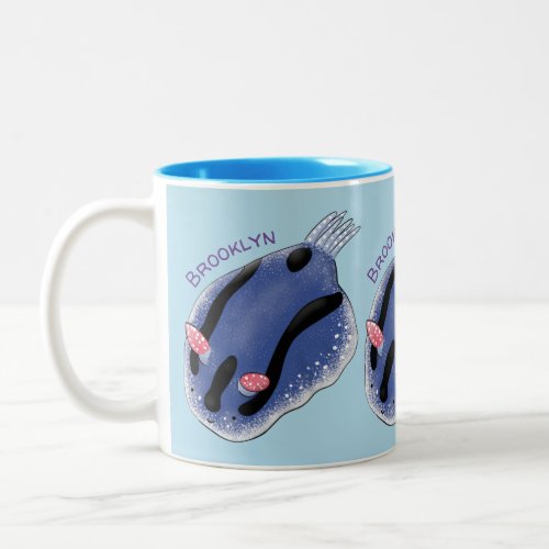 Cute happy blue nudibranch cartoon illustration Two_Tone coffee mug