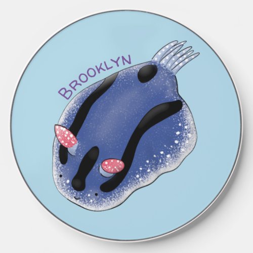 Cute happy blue nudibranch cartoon illustration wireless charger 