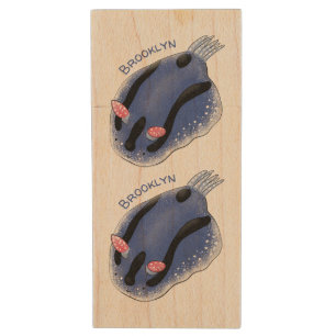 Cute happy blue nudibranch cartoon illustration wood flash drive
