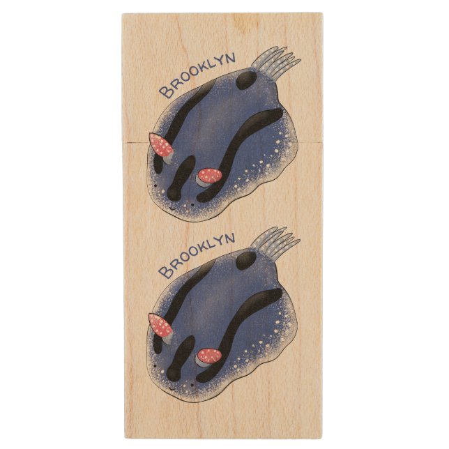 Cute happy blue nudibranch cartoon illustration  wood flash drive (Front Vertical)