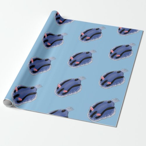 Cute happy blue nudibranch cartoon illustration wrapping paper
