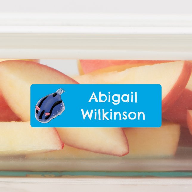 Cute happy blue nudibranch cartoon personalized  labels (Affixed)