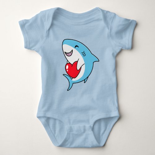 Cute Happy Blue Shark Holding a Red Heart Baby Bodysuit