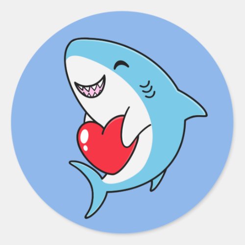 Cute Happy Blue Shark Holding a Red Heart Classic Round Sticker