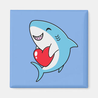 Cute Happy Blue Shark Holding a Red Heart Magnet