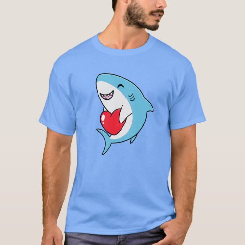 Cute Happy Blue Shark Holding a Red Heart T_Shirt