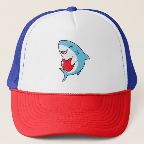 Cute Happy Blue Shark Holding a Red Heart Trucker Hat