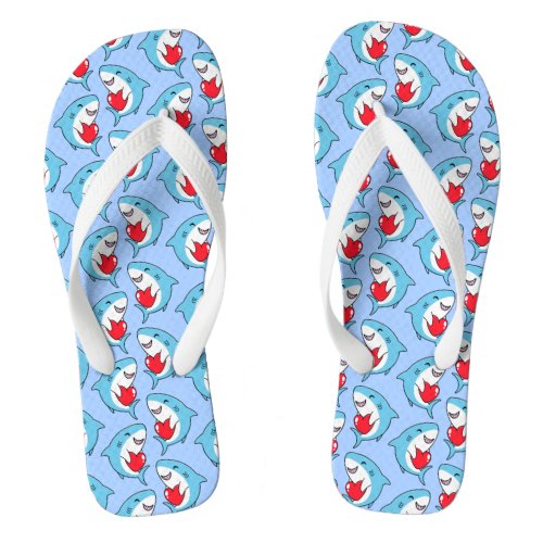 Cute Happy Blue Sharks Holding Red Hearts Pattern Flip Flops