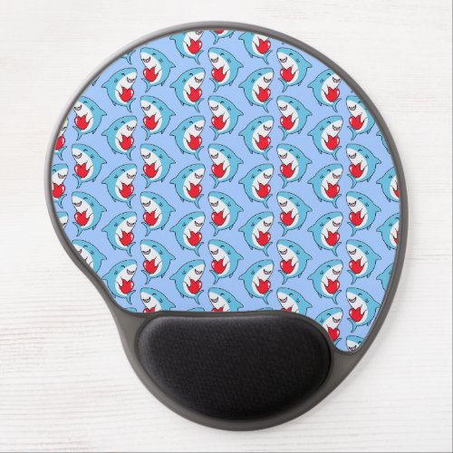 Cute Happy Blue Sharks Holding Red Hearts Pattern Gel Mouse Pad