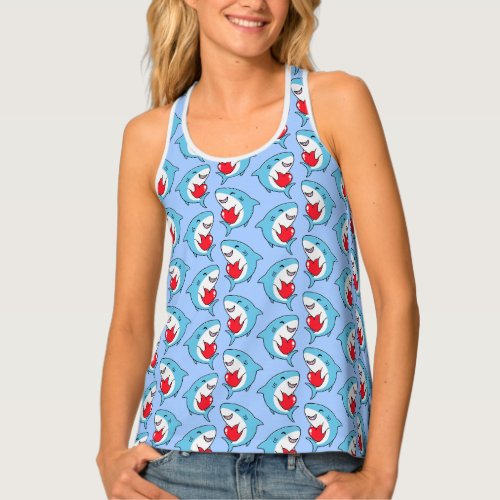Cute Happy Blue Sharks Holding Red Hearts Pattern Tank Top