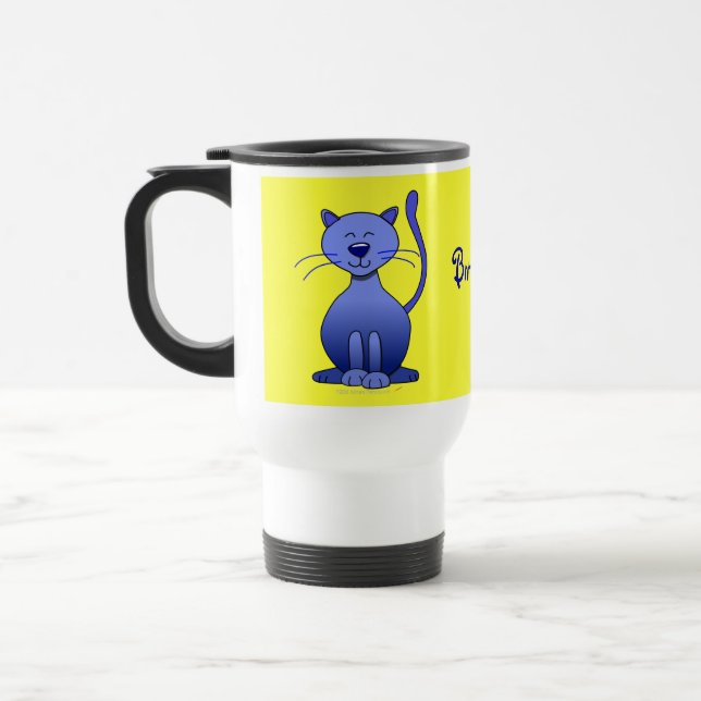 Cute Happy Blue Smiling Cat Personalized Yellow Travel Mug (Left)