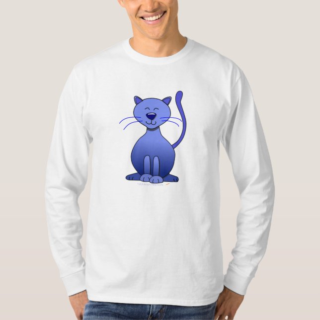 Cute Happy Blue Smiling Cat Picture Funny Template T-Shirt (Front)