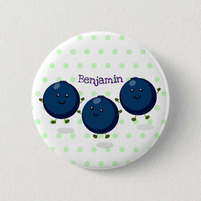 Cute happy blueberries purple cartoon illustration button (Front)