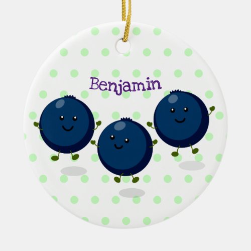 Cute happy blueberries purple cartoon illustration ceramic ornament