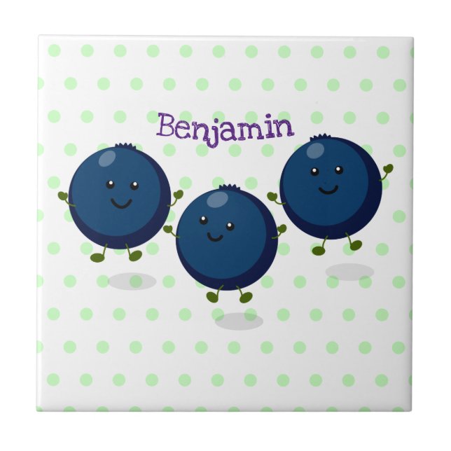 Cute happy blueberries purple cartoon illustration ceramic tile (Front)