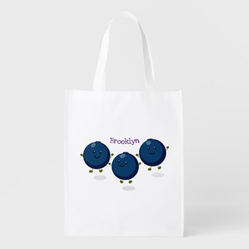 Cute happy blueberries purple cartoon illustration grocery bag