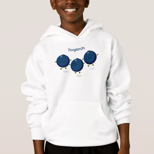 Cute happy blueberries purple cartoon illustration hoodie (Front)