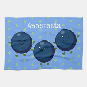 Cute happy blueberries purple cartoon illustration kitchen towel