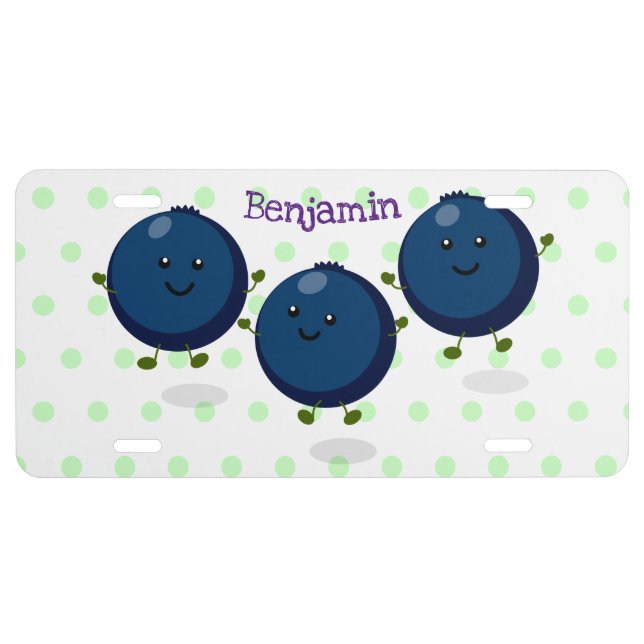 Cute happy blueberries purple cartoon illustration license plate (Front)