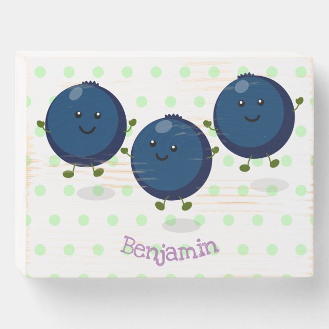 Cute happy blueberries purple cartoon illustration wooden box sign (Front Horizontal)