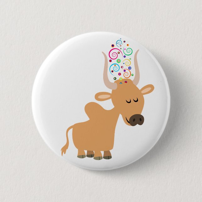 Cute Happy Brahman Cow Button Badge (Front)