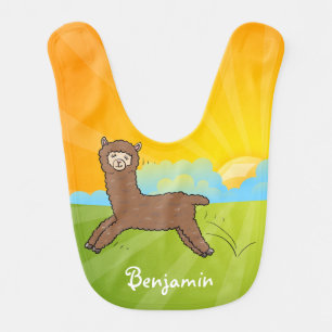 Cute happy brown alpaca cartoon baby bib