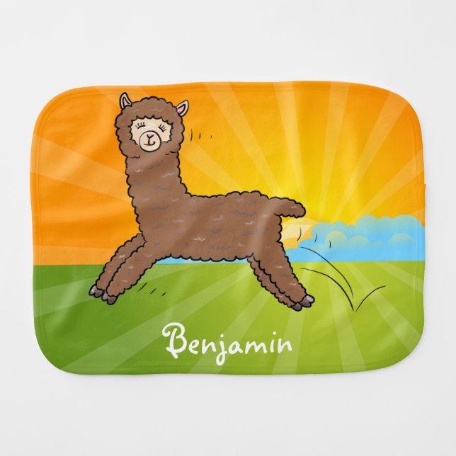 Cute happy brown alpaca cartoon baby burp cloth (Front Horizontal)