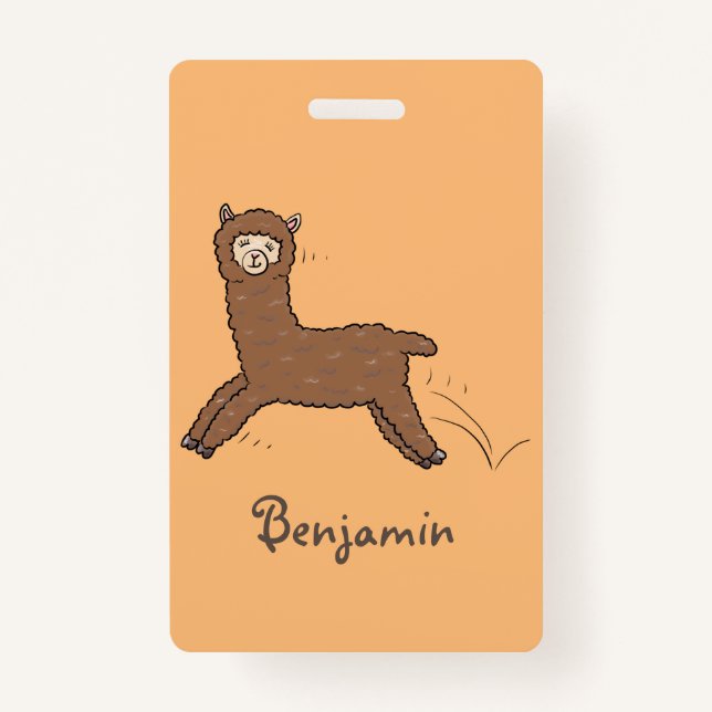 Cute happy brown alpaca cartoon badge (Front)