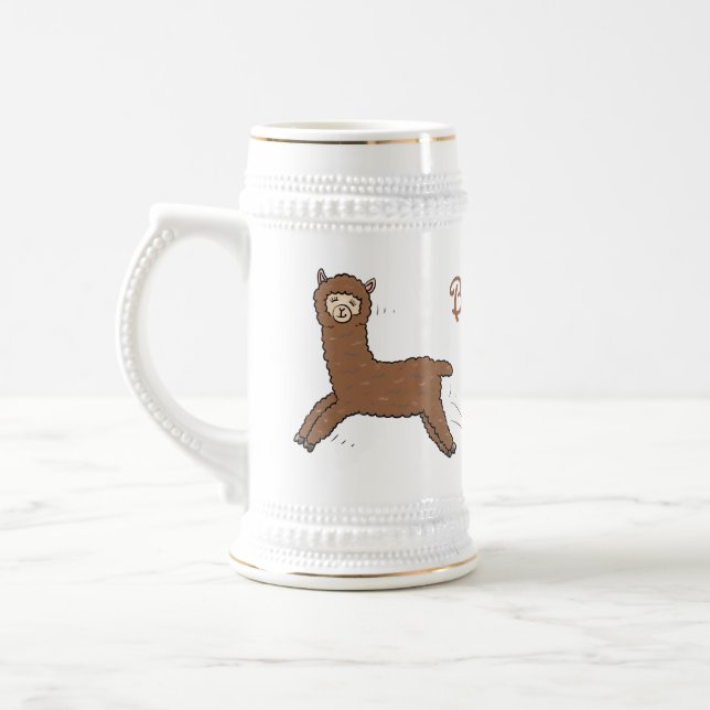 Cute happy brown alpaca cartoon beer stein (Left)