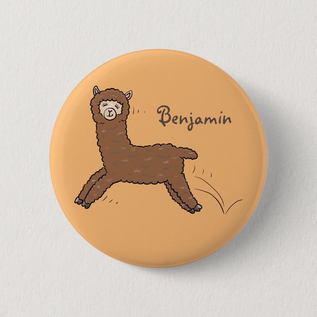 Cute happy brown alpaca cartoon button (Front)